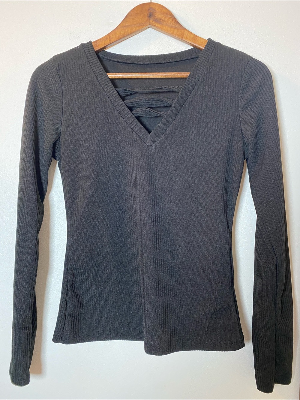 Black Ribbed Long Sleeve V-Neck Top with Crisscross Front